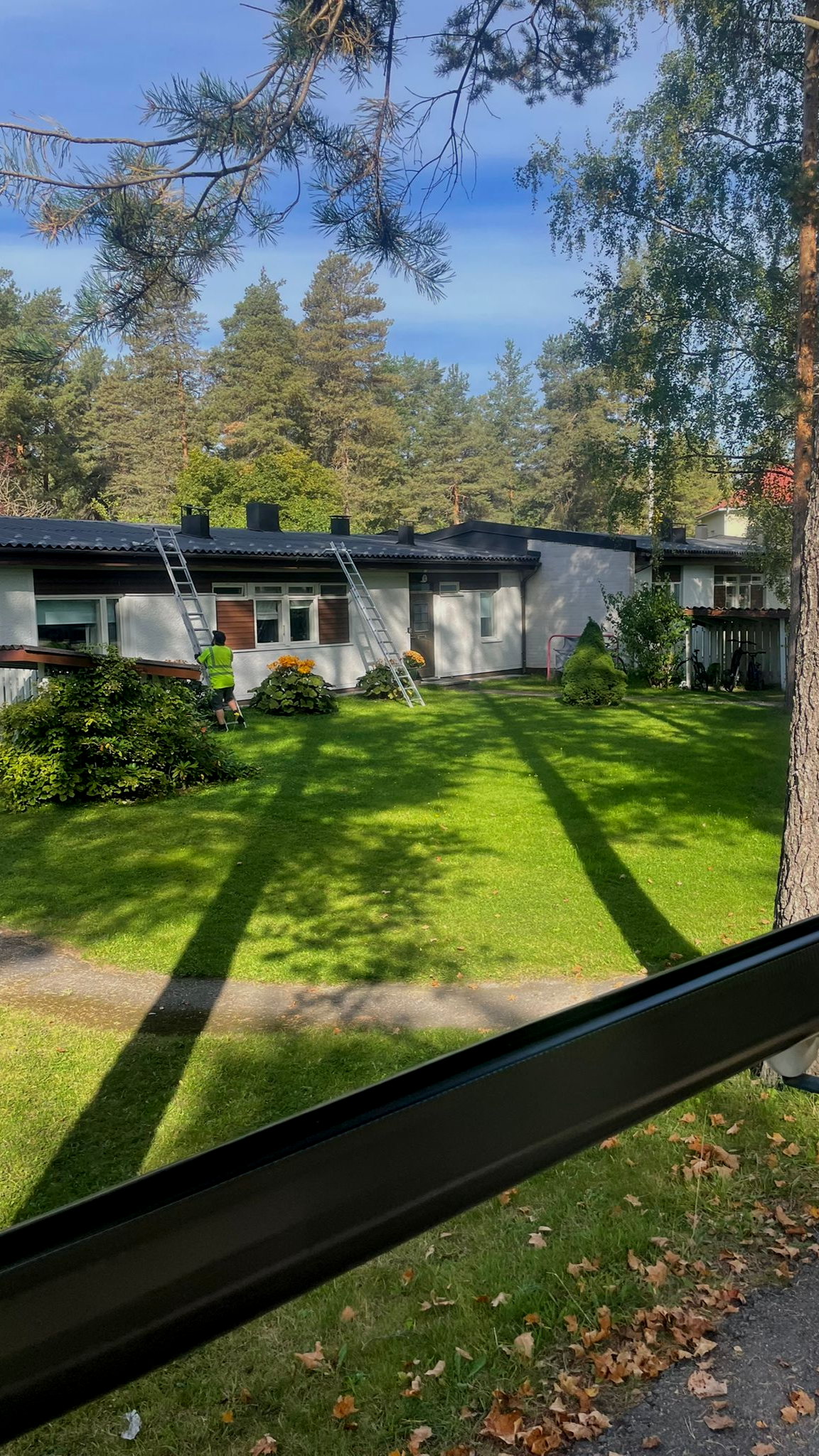 Aurinkoinen sisäpiha, jossa vihreää nurmikkoa, puita ja matalia valkoisia rakennuksia tummine kattoineen.