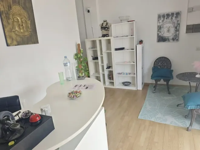 Área de recepción con mostrador curvo blanco, estanterías y zona de espera.