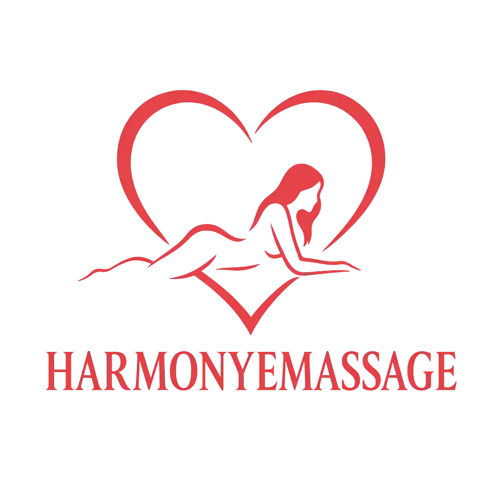 Corazón rojo con una figura reclinada en su interior, debajo "HARMONYEMASSAGE" en texto rojo.