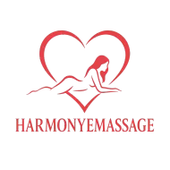 Corazón rojo con una figura reclinada en su interior, debajo "HARMONYEMASSAGE" en texto rojo.