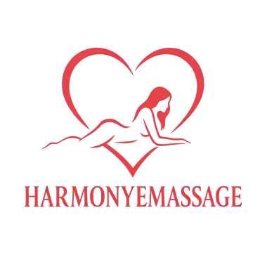 Corazón rojo con una figura reclinada en su interior, debajo "HARMONYEMASSAGE" en texto rojo.