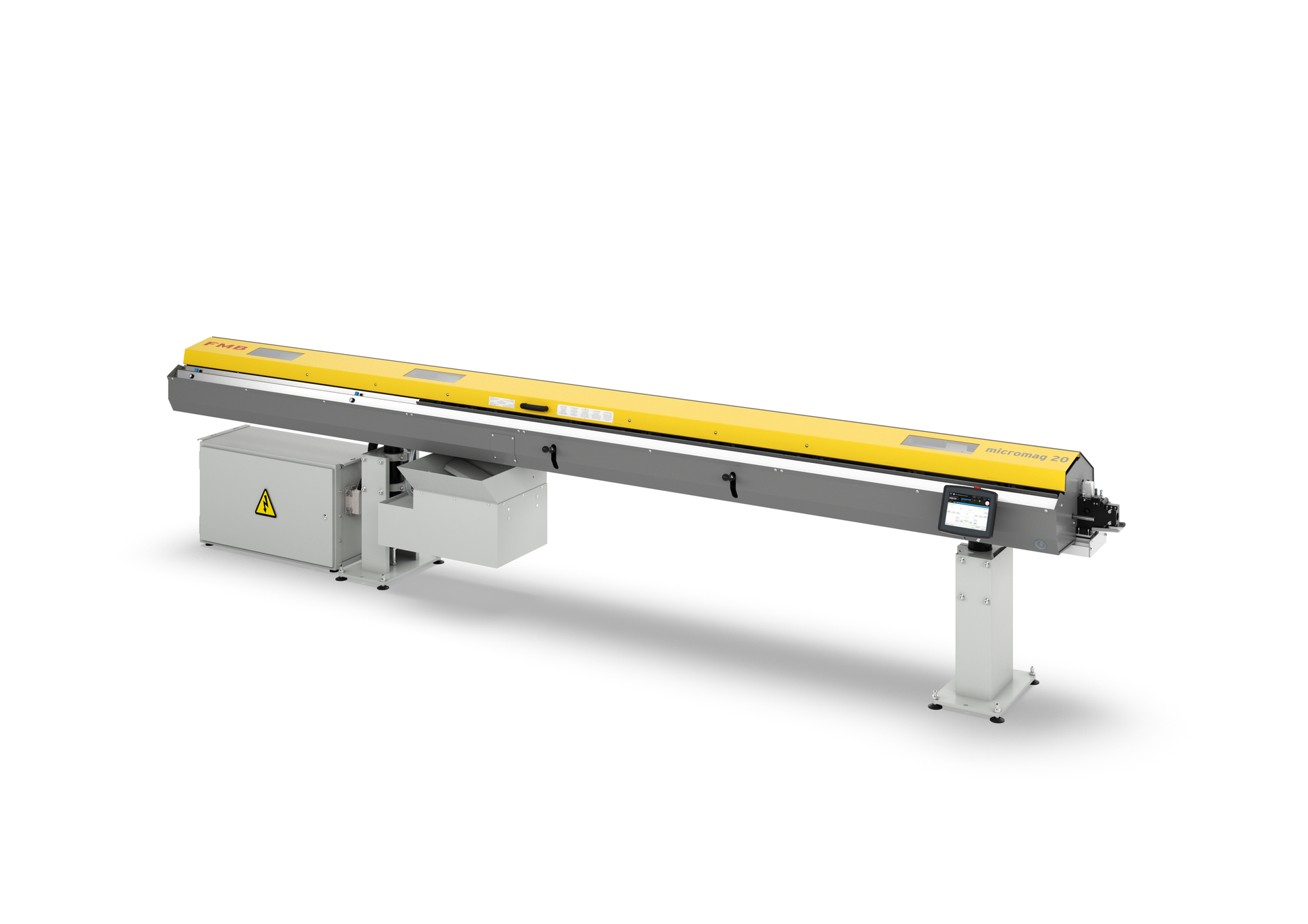 Lange, industrielle Maschine mit gelbem Oberteil auf weißem Sockel und grauem Rahmen auf weißem Hintergrund.