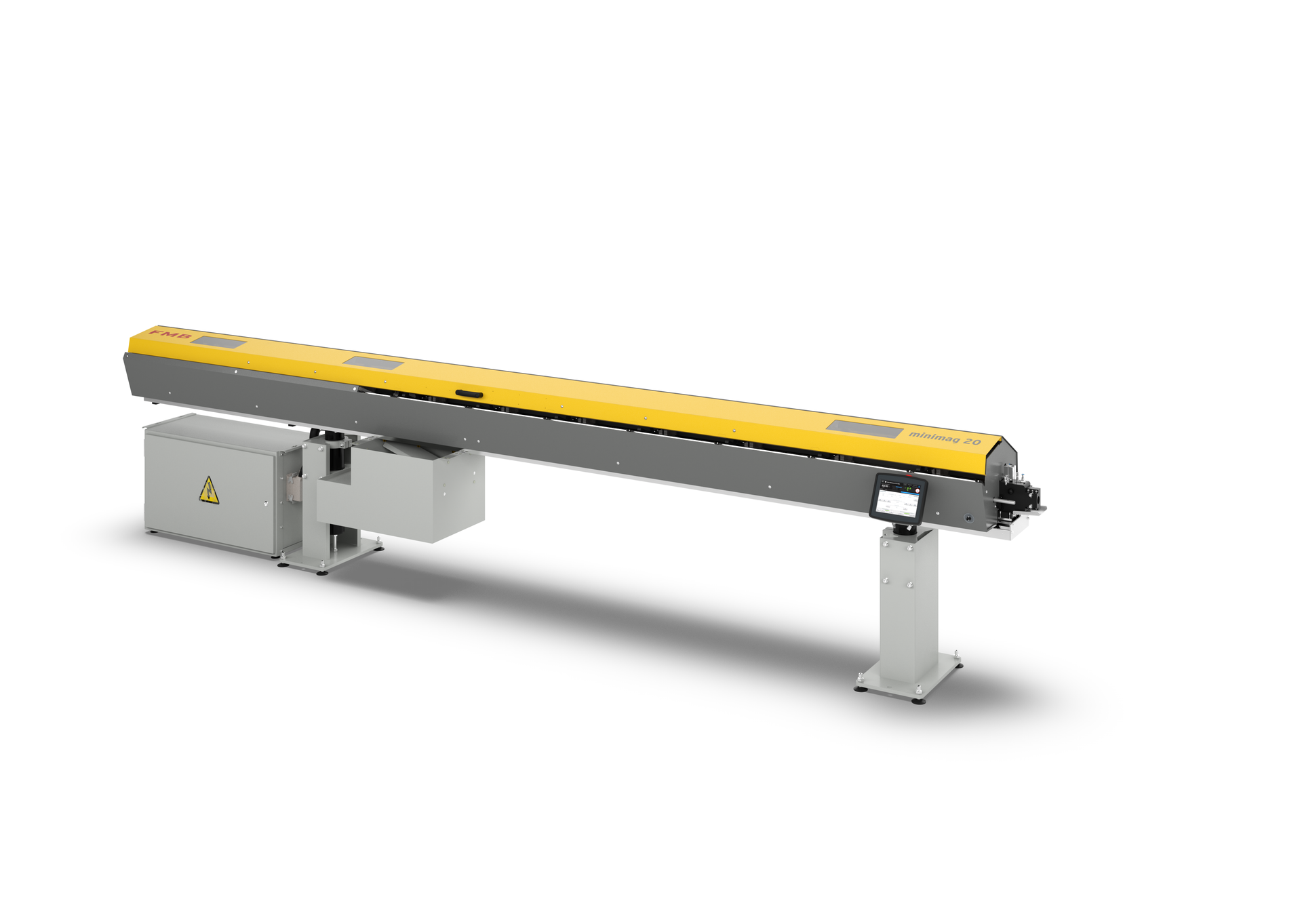 Lange, gelb-graue Industrielasermaschine, montiert auf einem Ständer.