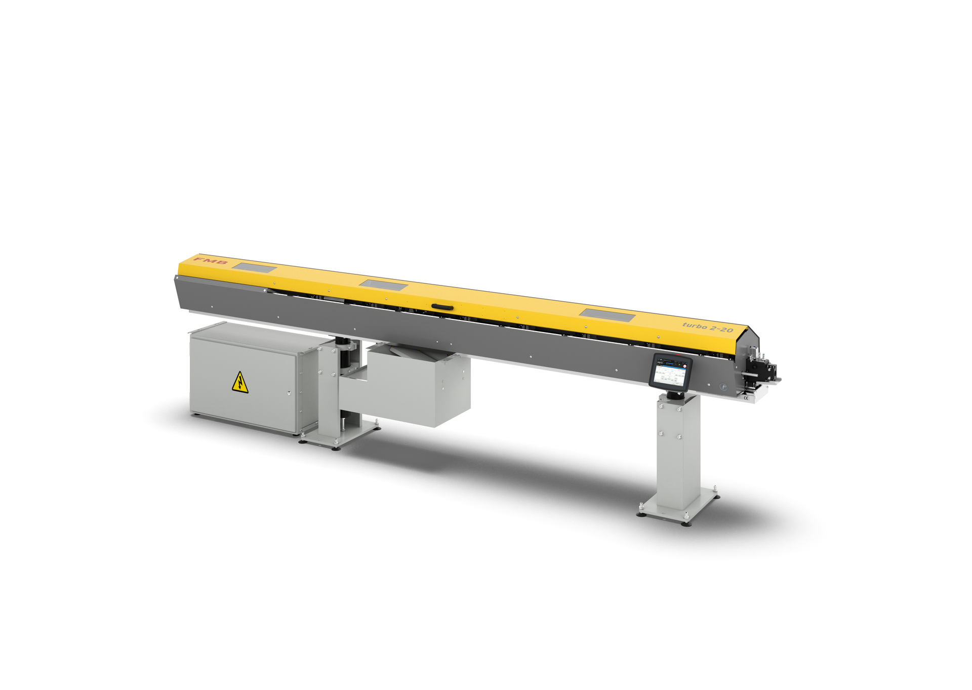 Industrielles Sicherheitslichtvorhangsystem in Gelb und Grau, montiert auf einem Ständer, mit Steuereinheit.