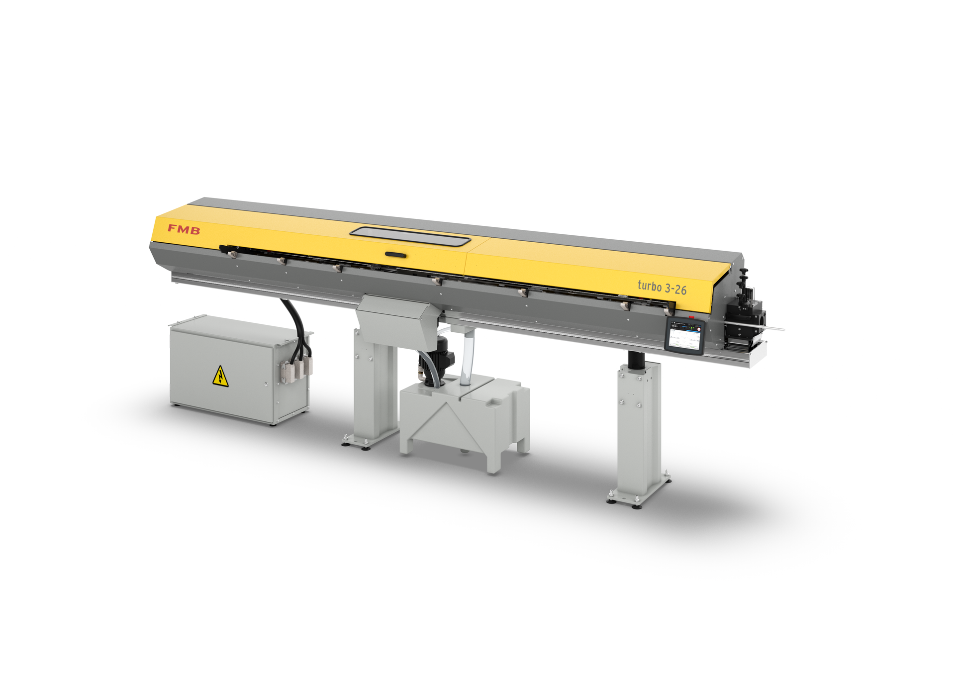 Gelbe und graue Industriemaschine auf weißem Sockel, wahrscheinlich zum Scannen oder Messen, mit einem Steuerkasten.