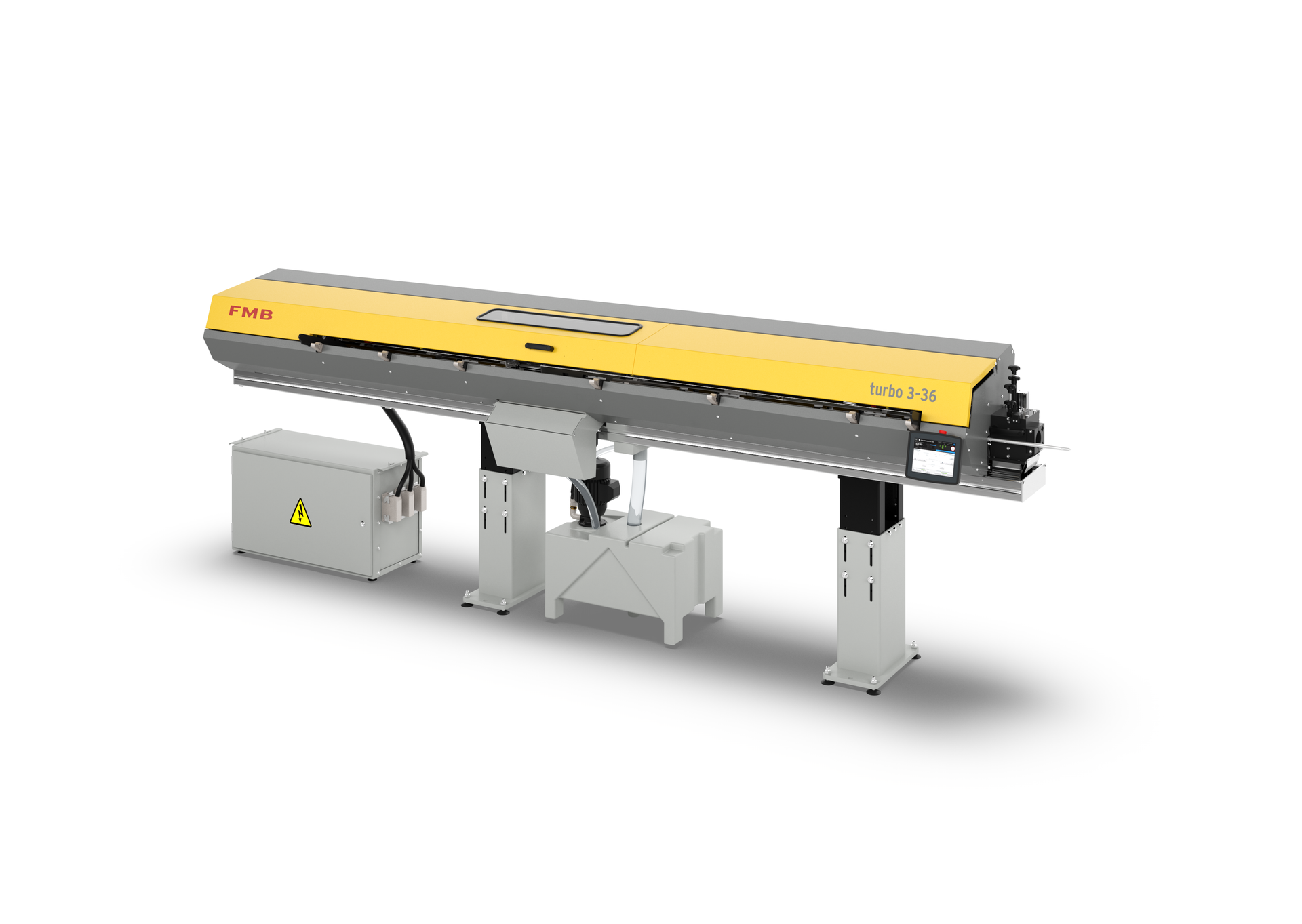 Gelbe und graue Industriemaschine für Inspektionszwecke, mit Steuerkasten und Stützbeinen.