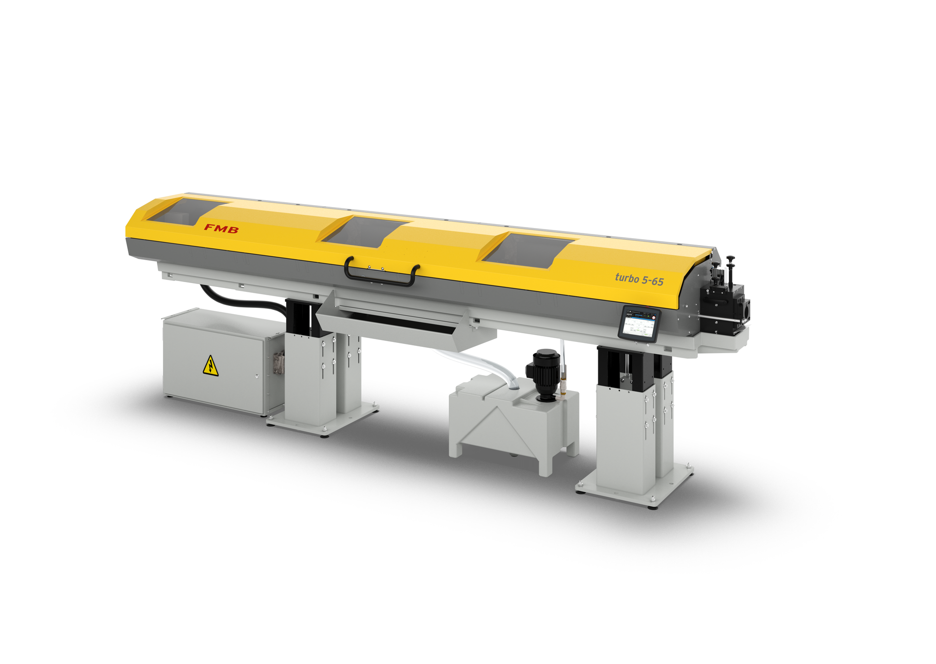 Industrielle Laserschneidmaschine in Gelb und Grau.