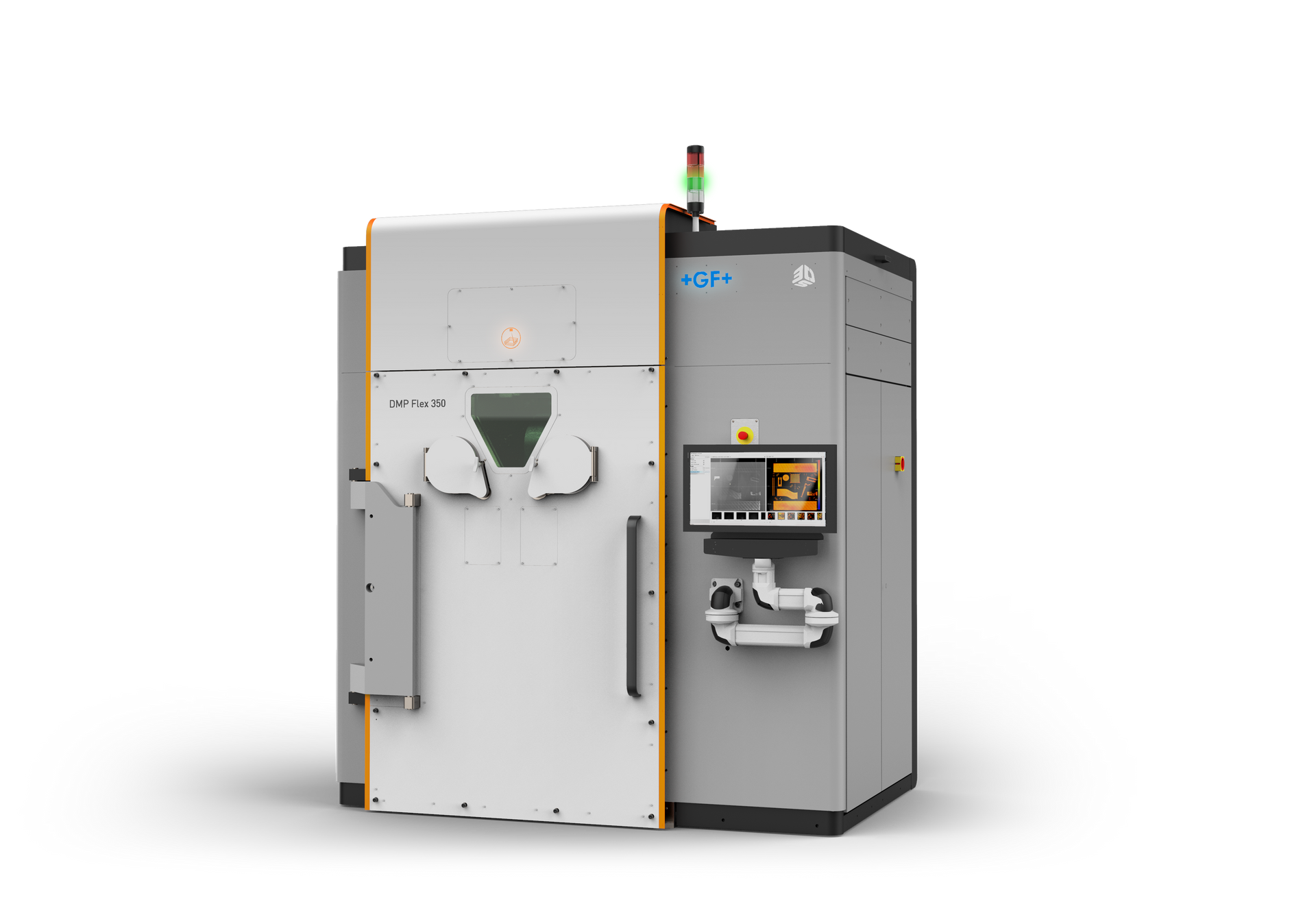 Große Industriemaschine mit grau-weißem Äußeren. Ausgestattet mit Touchscreen und Türgriffen.