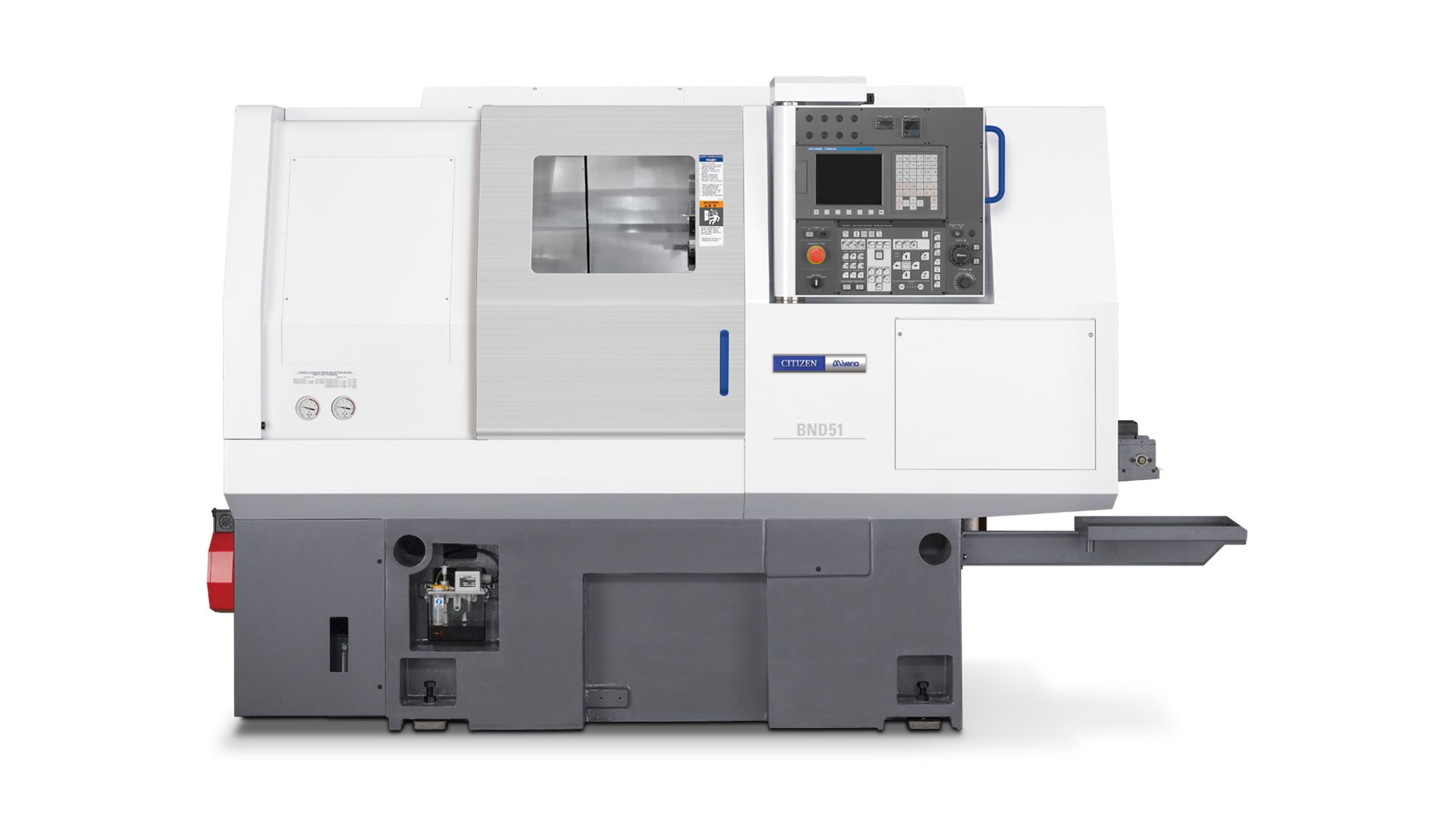 Weiß-graue CNC-Drehmaschine mit Bedienfeld und Sichtfenster.