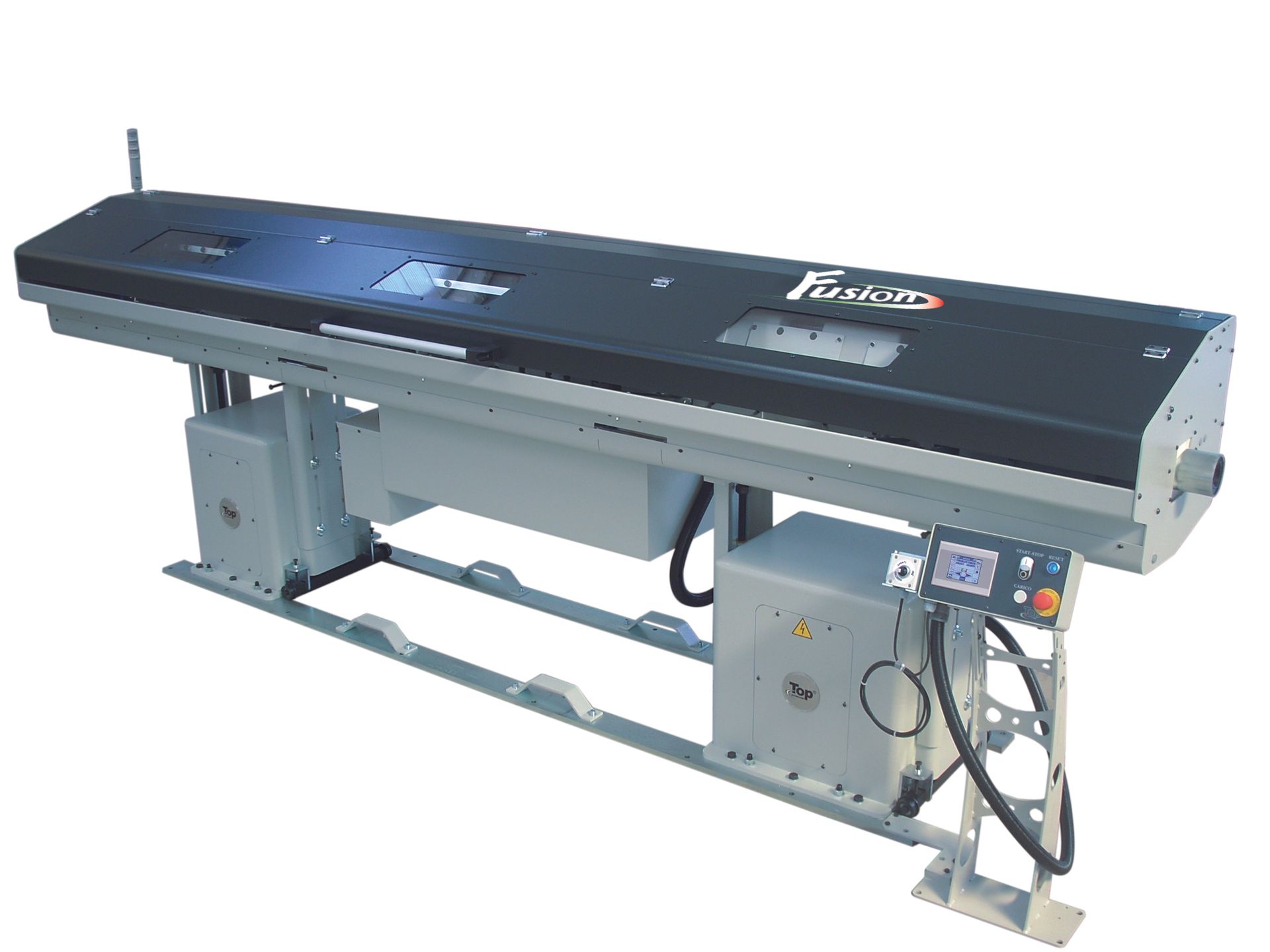 Industrielle Blechschneidanlage mit grauem Rahmen und schwarzer Maschinenoberseite sowie Bedienfeld.