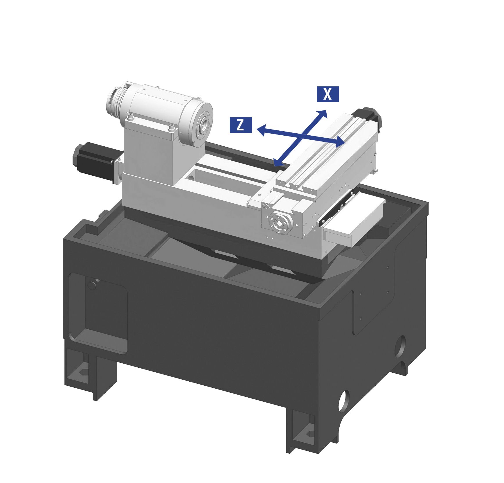 Eine Metalldrehmaschine mit beschrifteten X- und Z-Achsen, dargestellt auf einem dunkelgrauen Ständer.