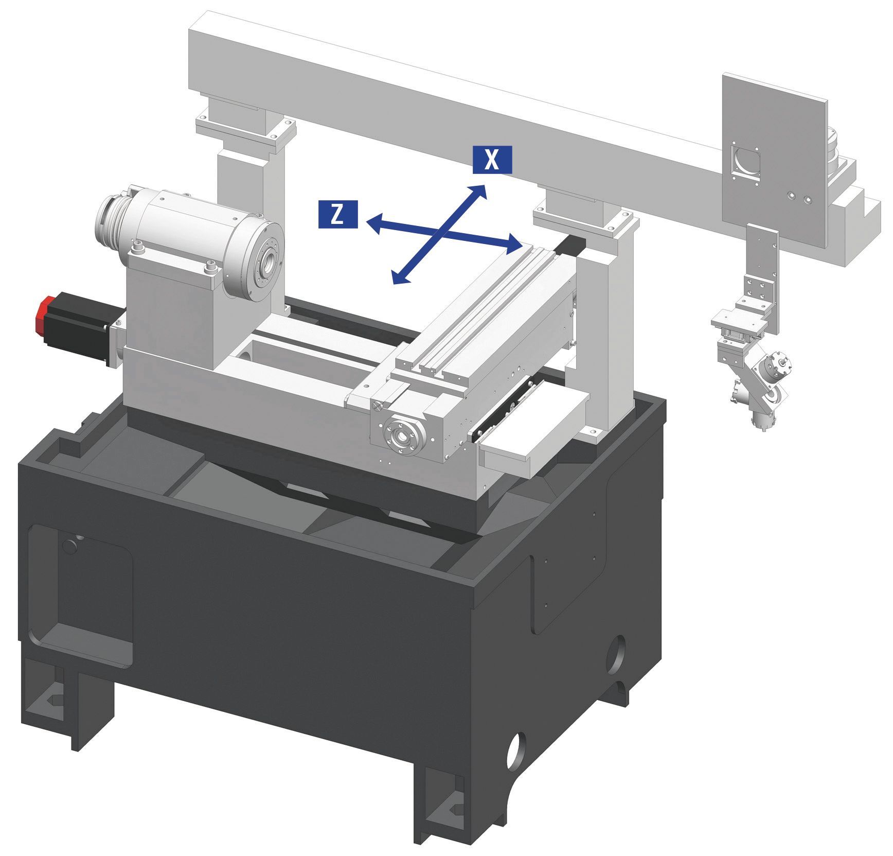Drehmaschine mit X- und Z-Achsenanzeigen. Grau-weiße Maschinenelemente auf schwarzem Sockel.