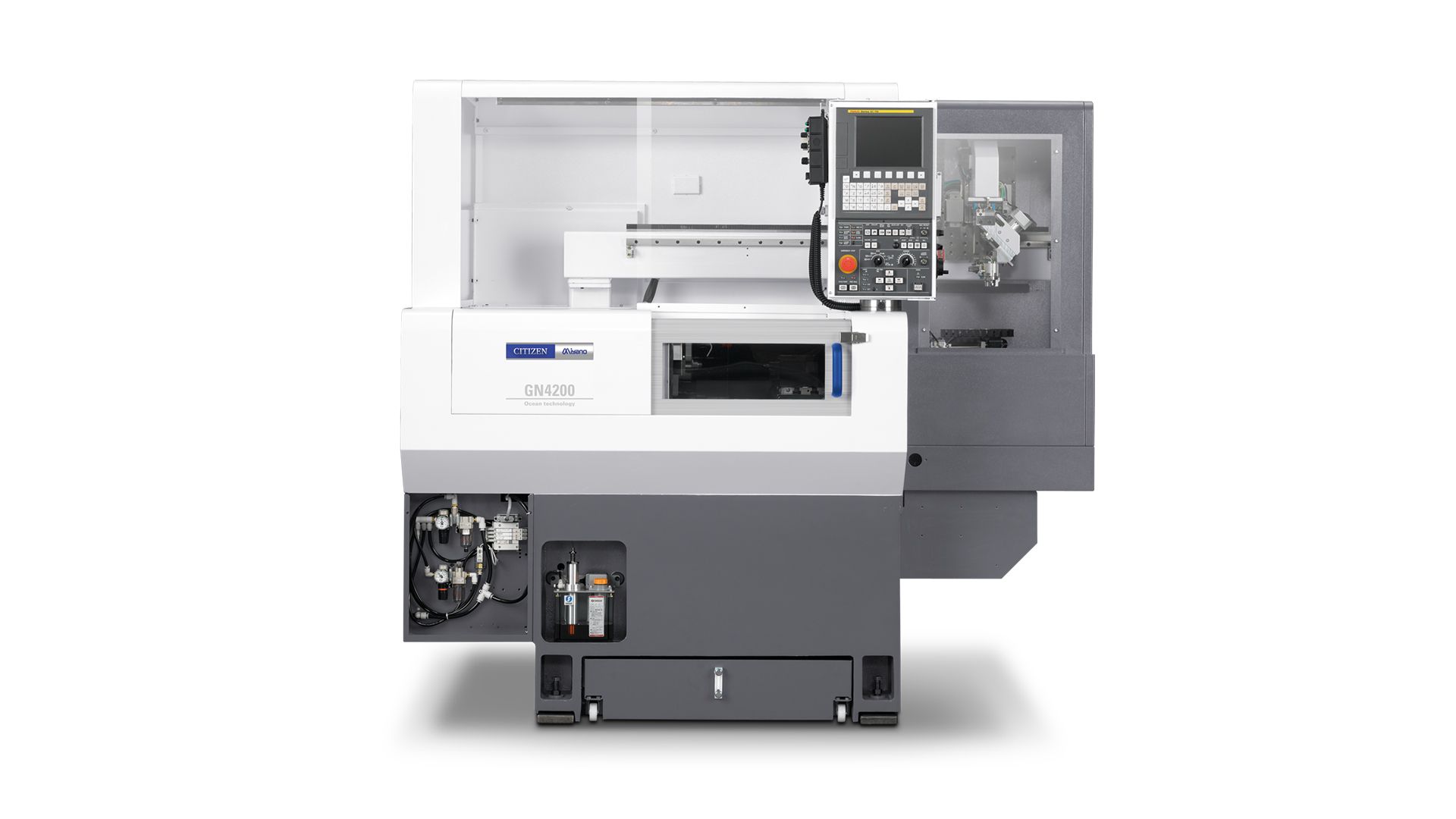 CNC-Drehmaschine, grau und weiß, in einer Werkstattumgebung.