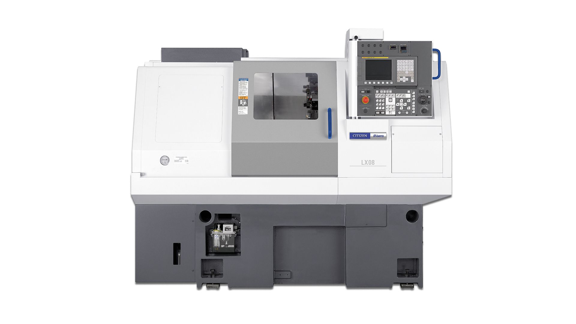 CNC-Drehmaschine, weiß und grau mit Bedienfeld, zur Metallbearbeitung.