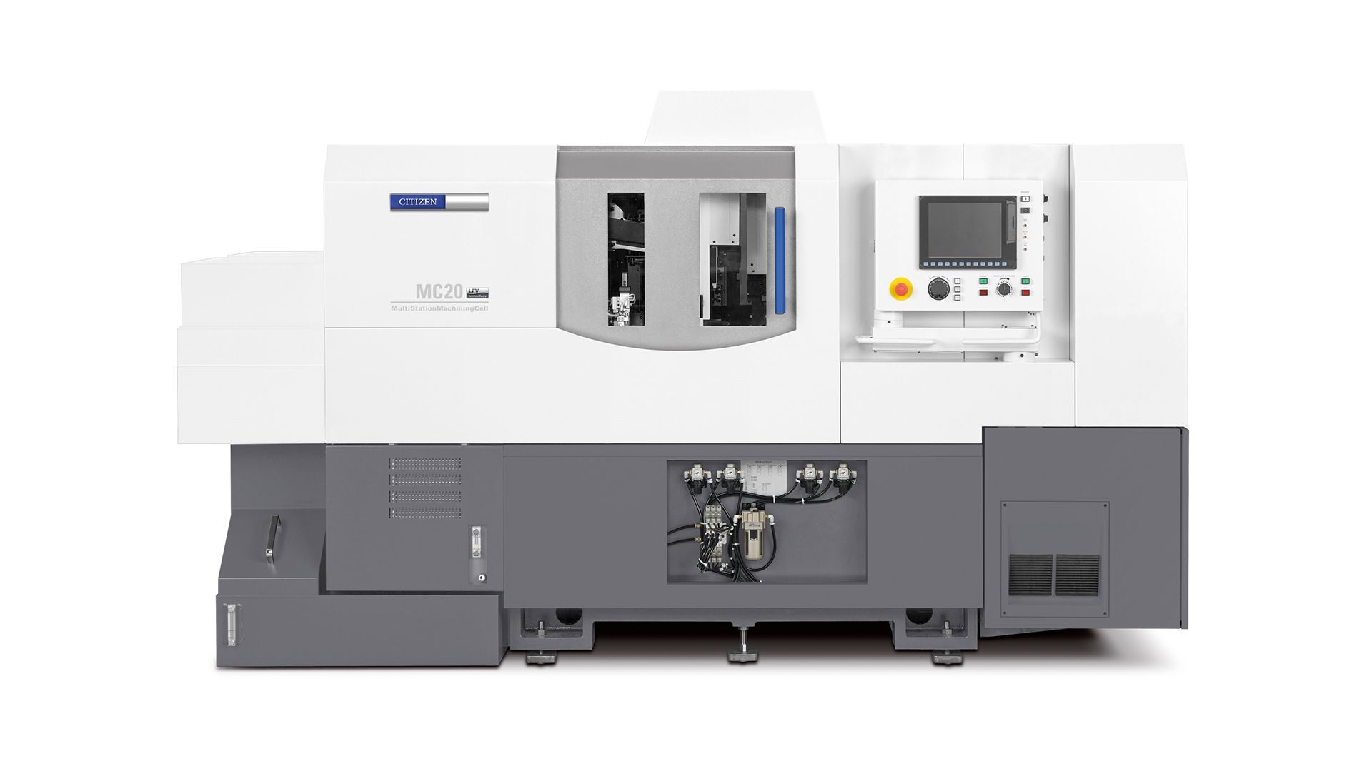 CNC-Maschine, grau und weiß, mit Bedienfeld, zur Fertigung.