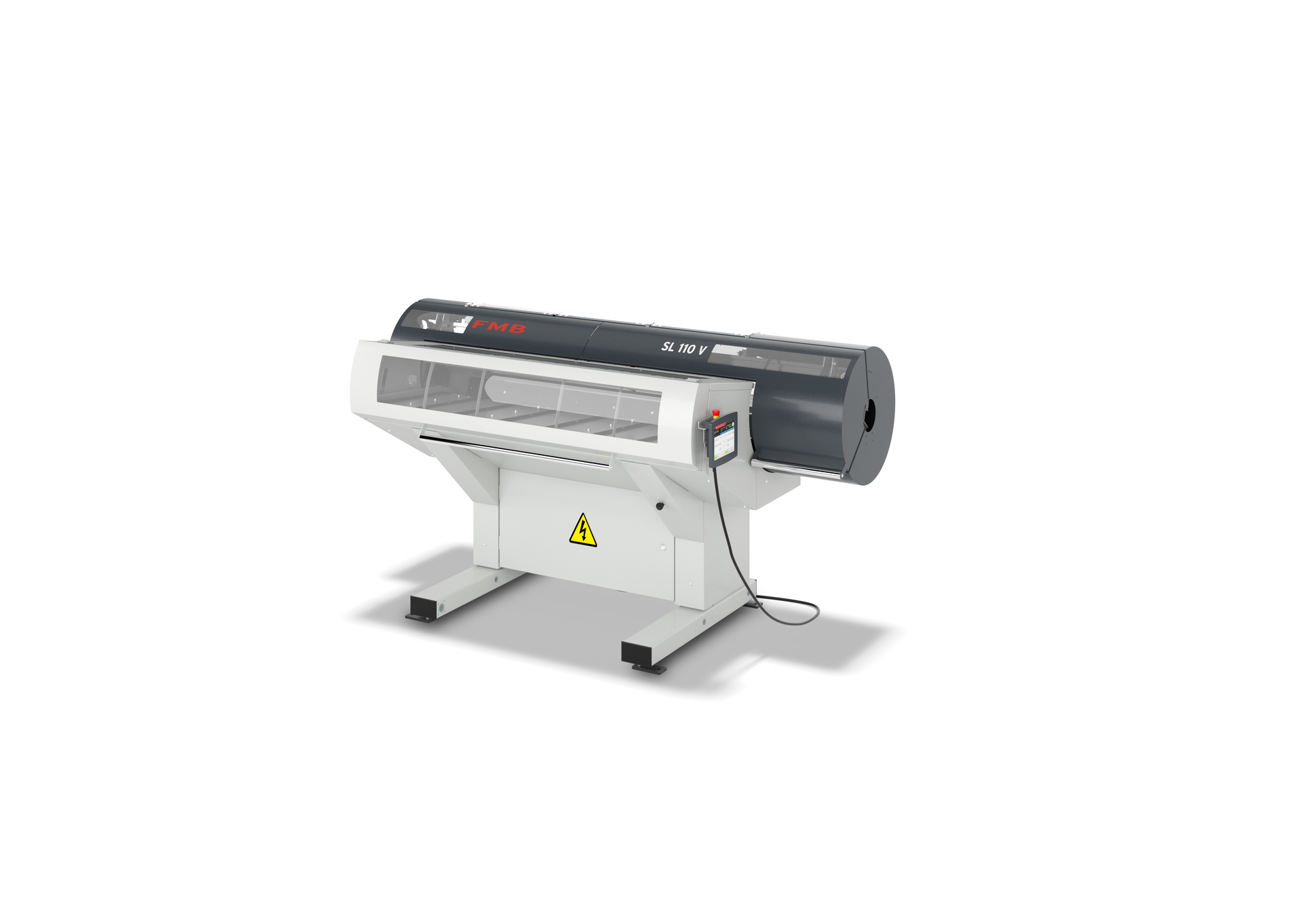 Großformatdrucker auf weißem Ständer, mit schwarzer Walze und Bedienfeld.