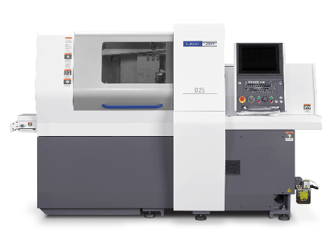 CNC-Drehmaschine in Weiß und Grau, mit Bedienfeld und Sicherheitstür.