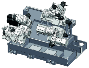Eine Mehrspindel-Werkzeugmaschine mit fünf Spindeln, grauem Sockel und Roboterarmen.