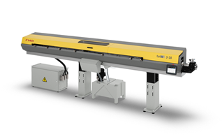 Gelbe und graue Industriemaschine mit Stützbeinen, einem Bedienfeld und einem angeschlossenen Kasten.