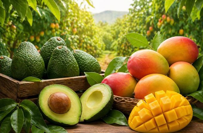 Variedad de frutas tropicales maduras en cajas de madera, incluyendo aguacates y mango