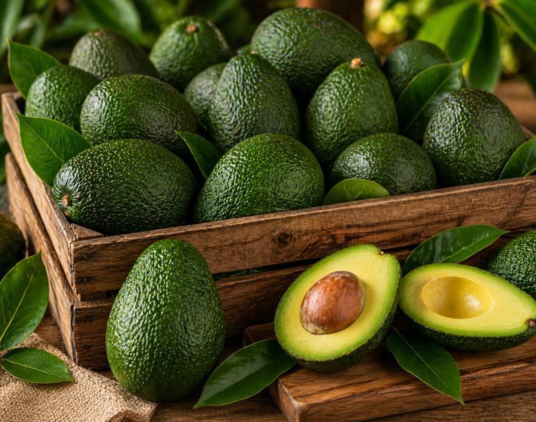 Cajas de madera llenas de aguacates enteros y partidos por la mitad sobre hojas, con los huesos marrones visibles.