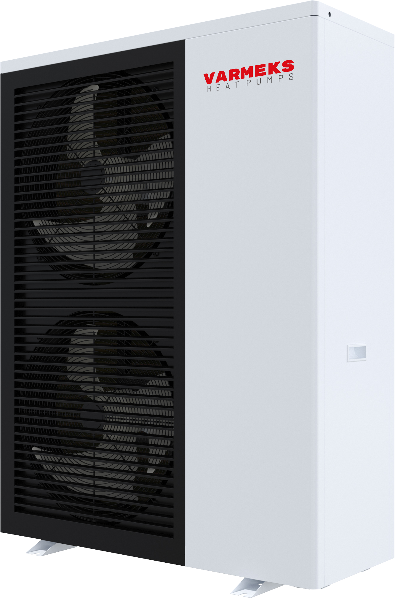 Unité de pompe à chaleur blanche à côté d'une maison avec un coin salon extérieur et de la verdure.