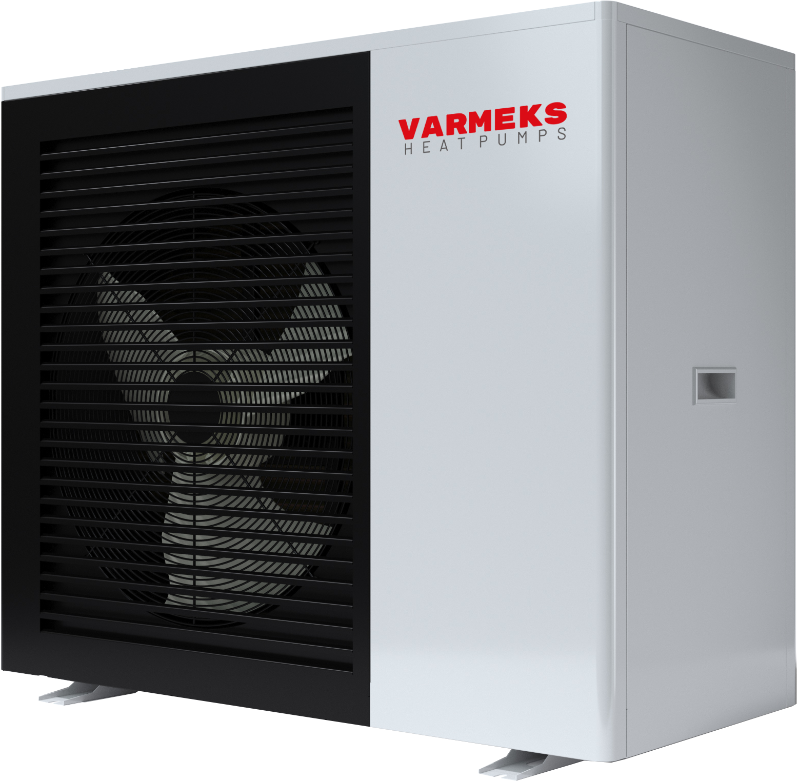 Unité de pompe à chaleur dans une cour attenante à une maison moderne, au coucher du soleil.