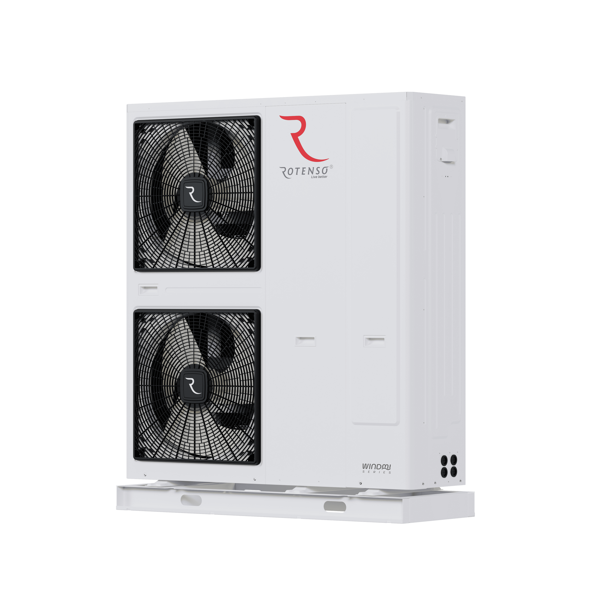 Unité de pompe à chaleur dans une cour attenante à une maison moderne, au coucher du soleil.