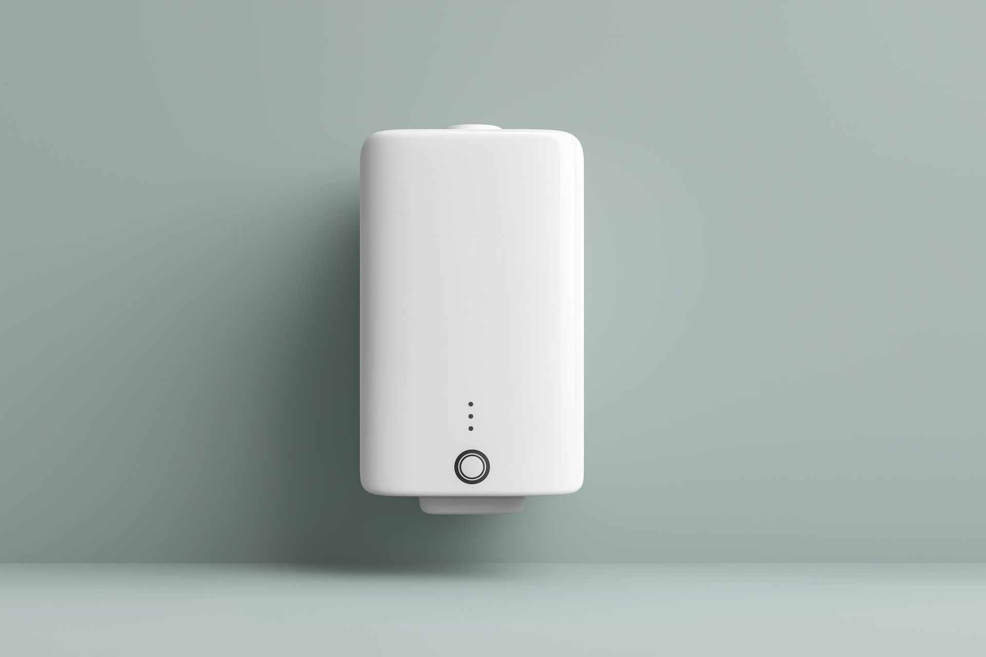 Appareil rectangulaire blanc avec bouton d'alimentation circulaire et voyants lumineux, sur fond vert.