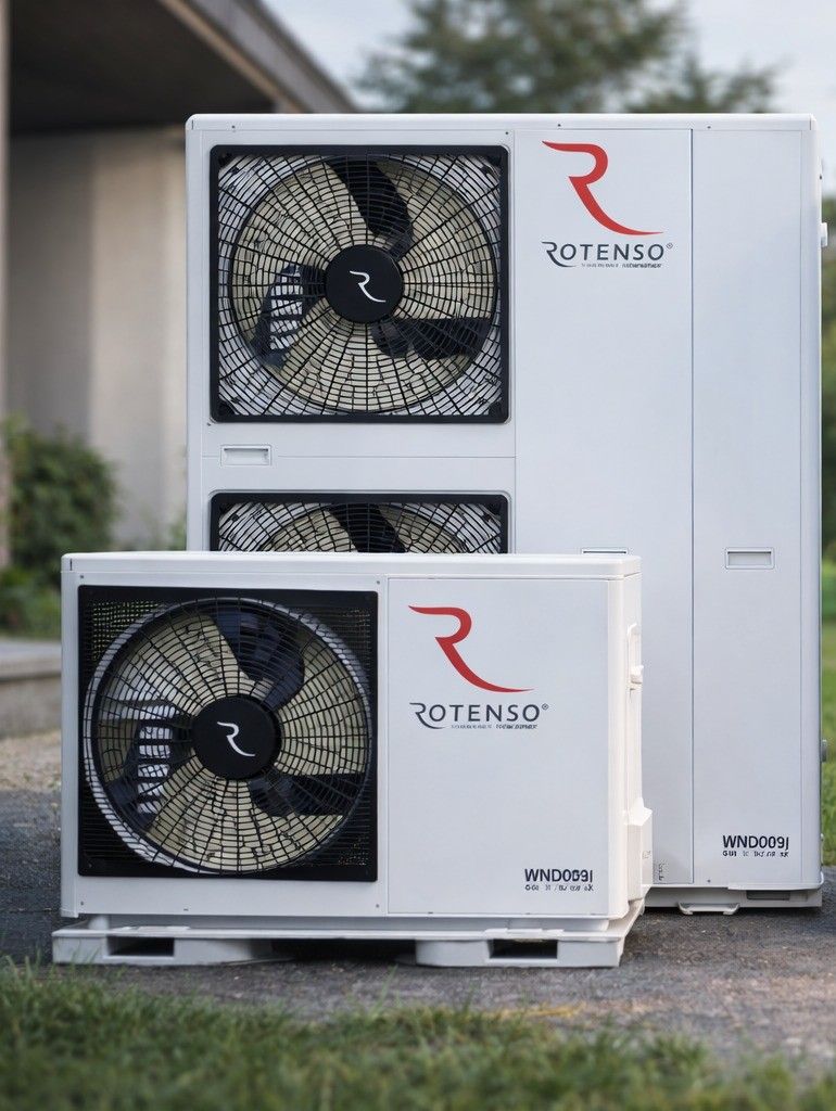 Deux unités extérieures de pompe à chaleur blanches, équipées de grands ventilateurs et arborant le logo Rotenso, sont installées sur une surface pavée