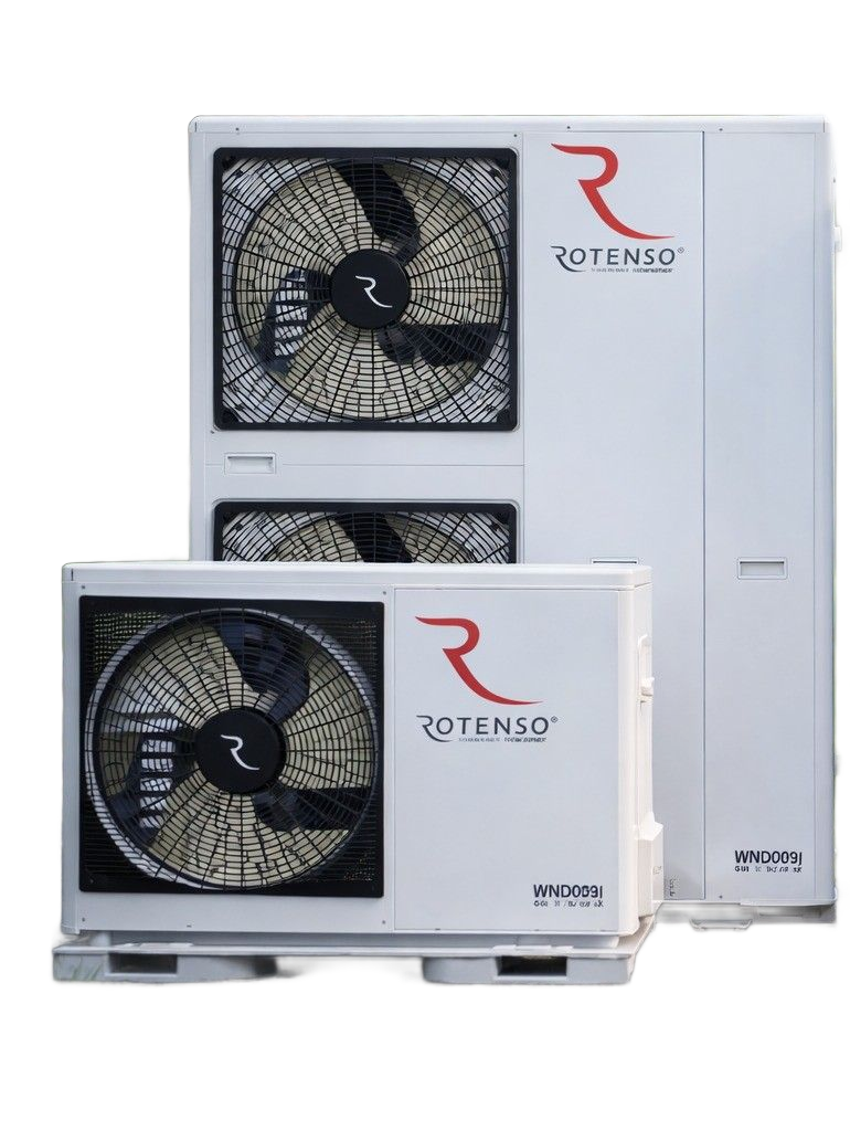 Unité de pompe à chaleur blanche à côté d'une maison avec un coin salon extérieur et de la verdure.