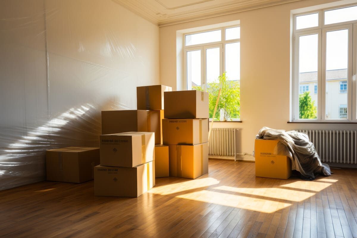 Una sala de estar llena de cajas de cartón y un sofá.