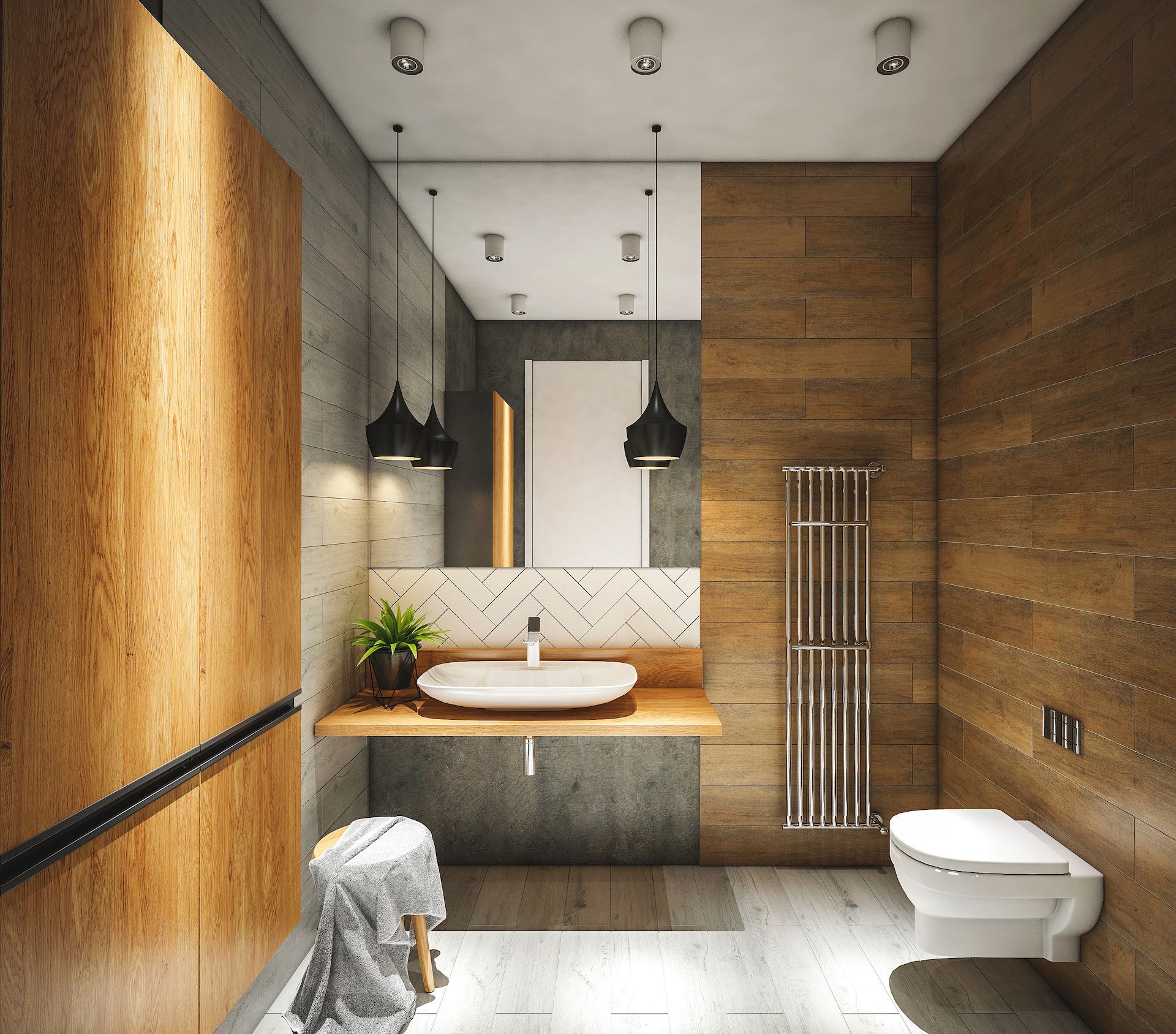 Salle de bains moderne avec murs et meubles en bois