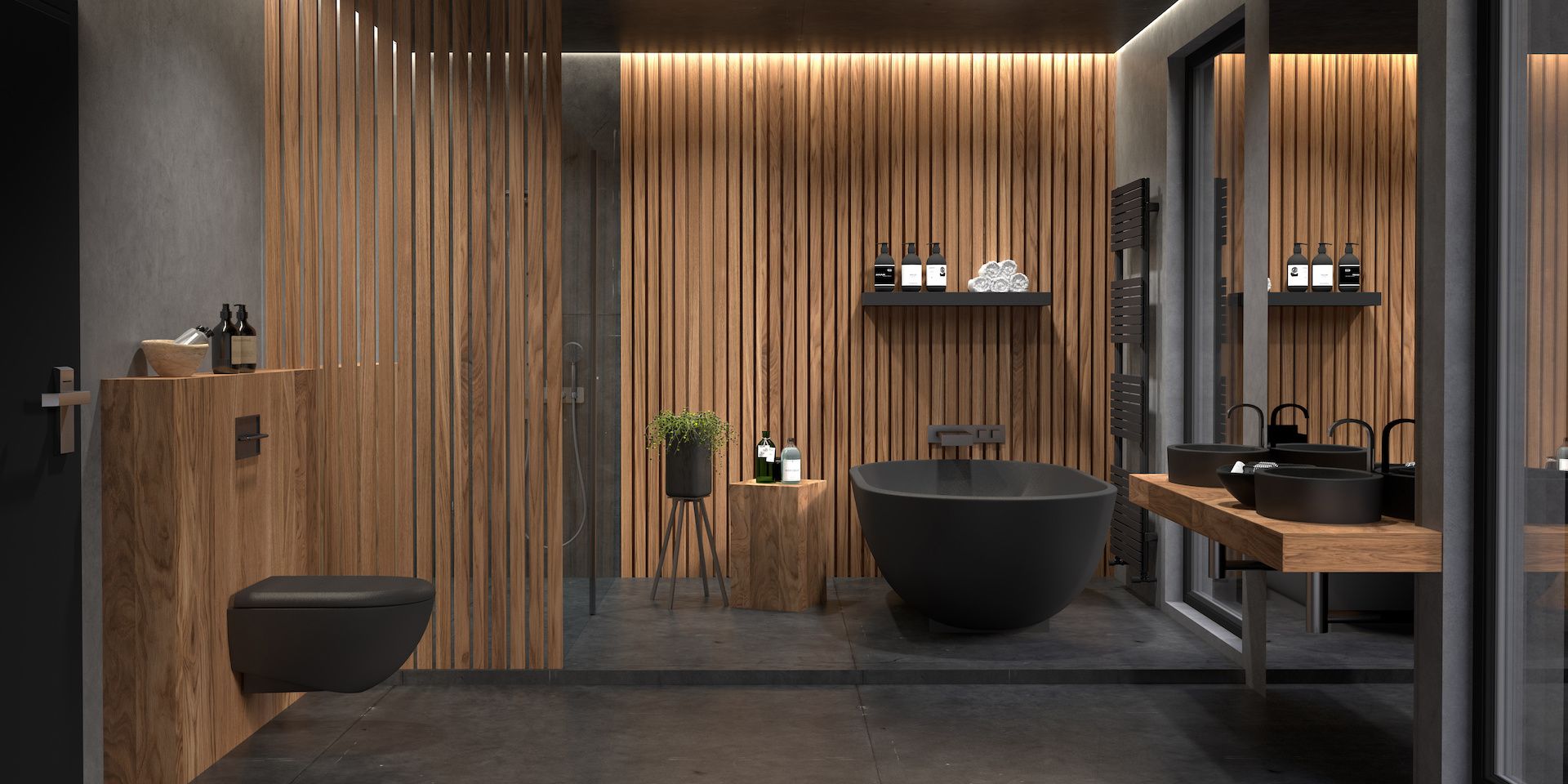 Salle de bains moderne avec des tasseaux de bois et une baignoire noire