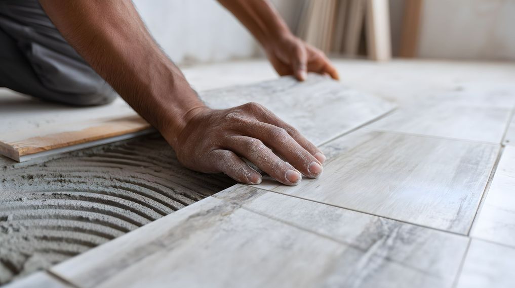 Des mains étalent de la colle à carrelage sur un sol lors de travaux de rénovation
