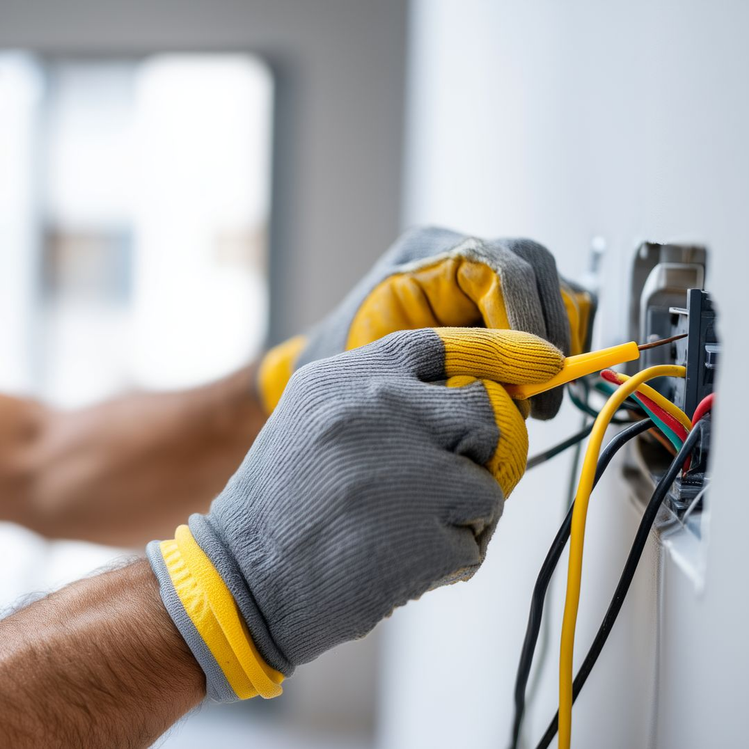 Des mains gantées effectuent le câblage d'une prise électrique avec des câbles jaunes et noirs.