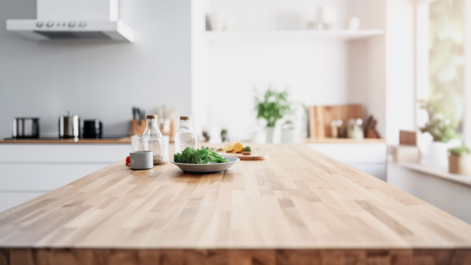 Cuisine lumineuse avec un îlot en bois, de petits pots d'herbes aromatiques et des étagères blanches baignées d'une douce lumière naturelle.