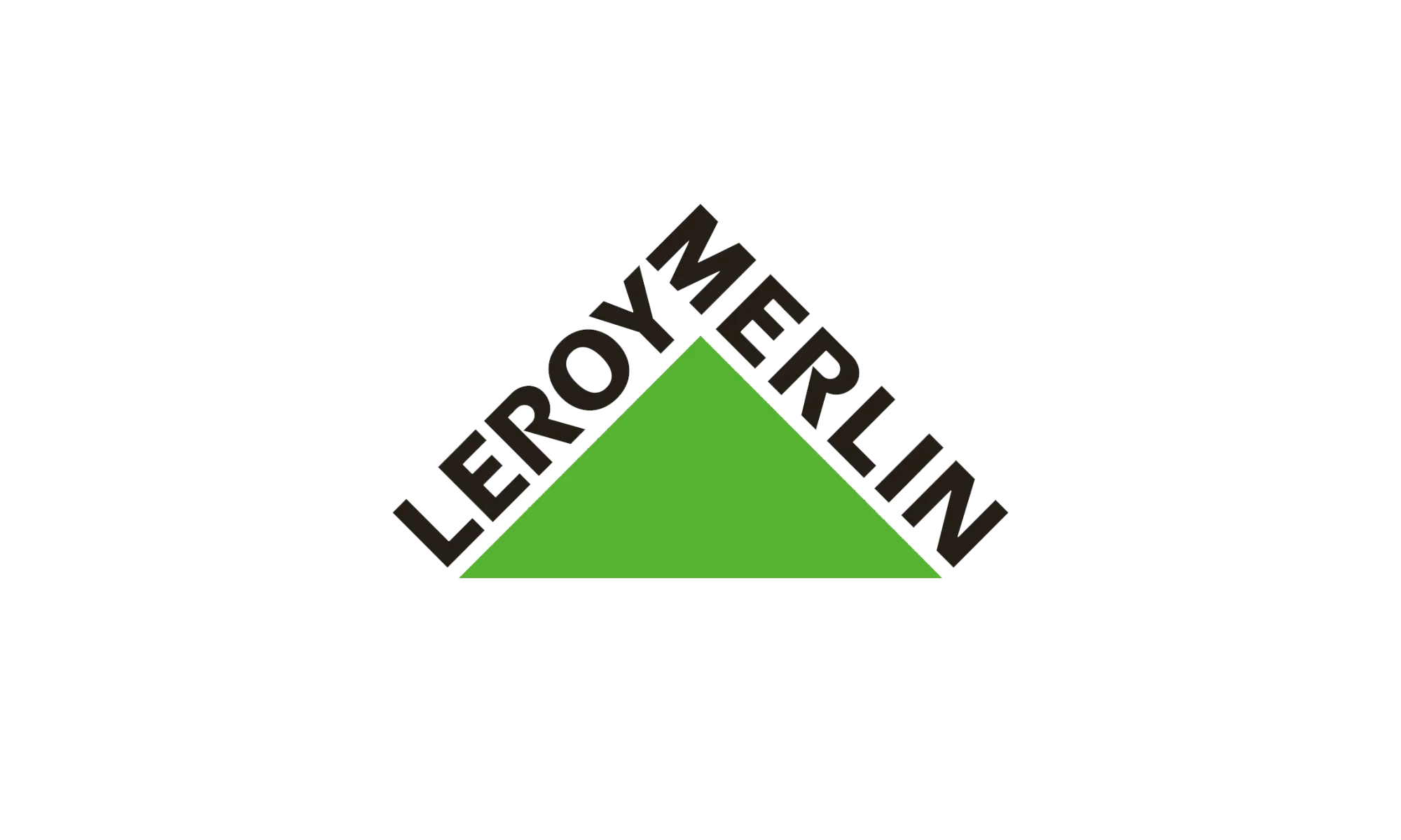 Logo Leroy Merlin avec texte noir sur un triangle vert sur fond blanc