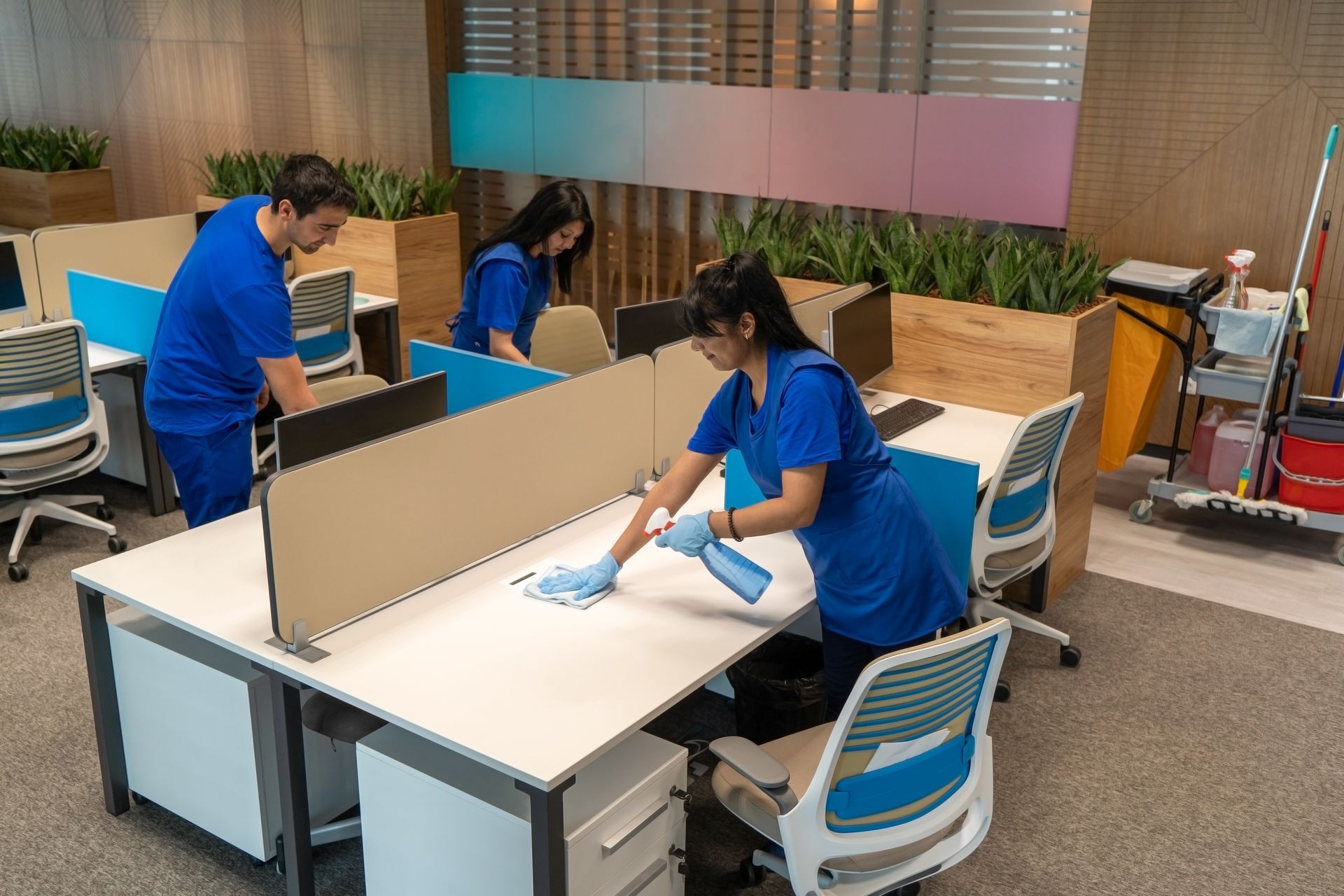 Trois employés nettoyant des bureaux