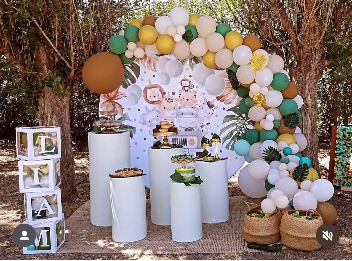 Se celebrará una fiesta de cumpleaños en el bosque con globos y mesas.
