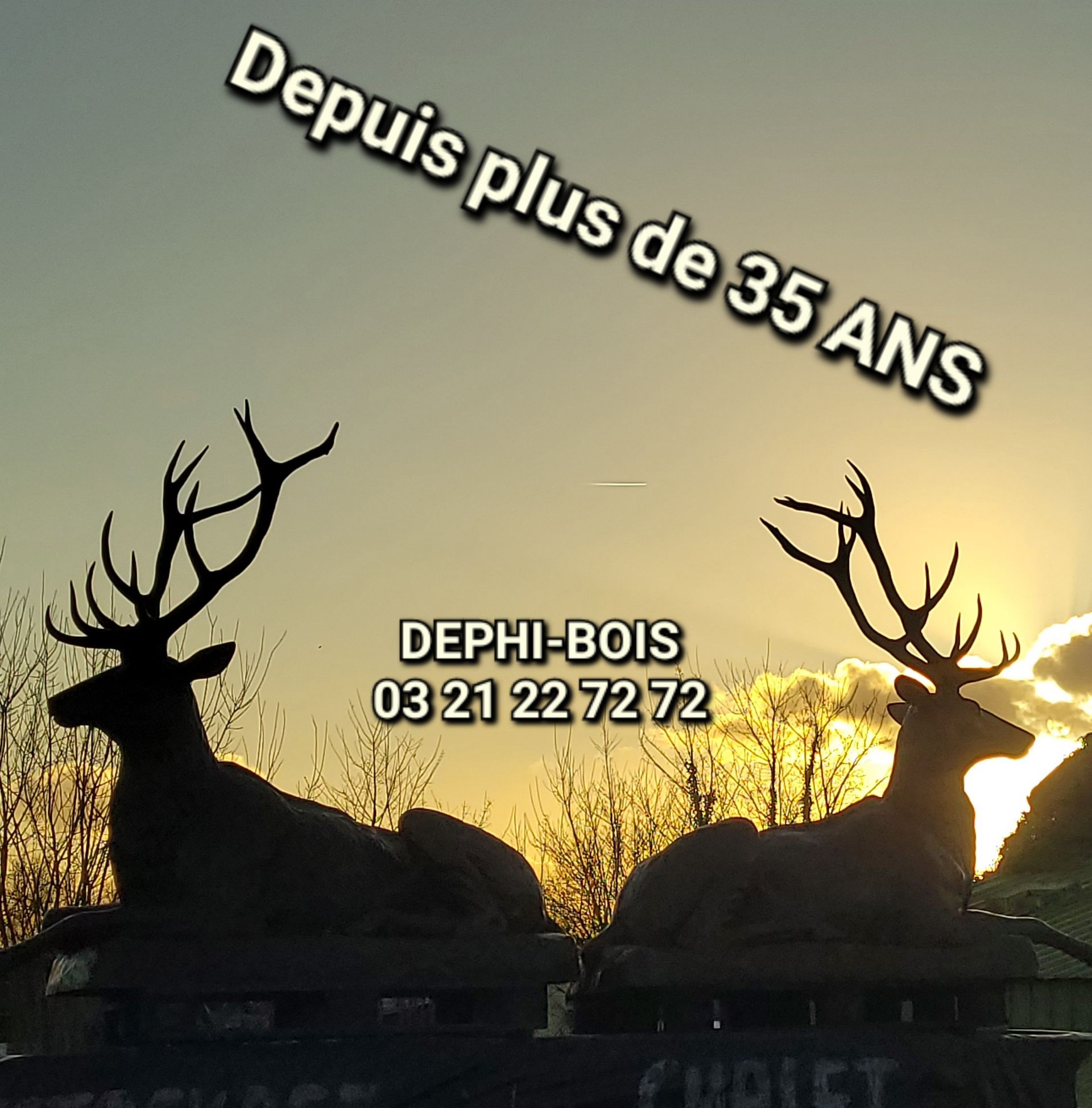 Two silhouette deer statues at sunset, text: 