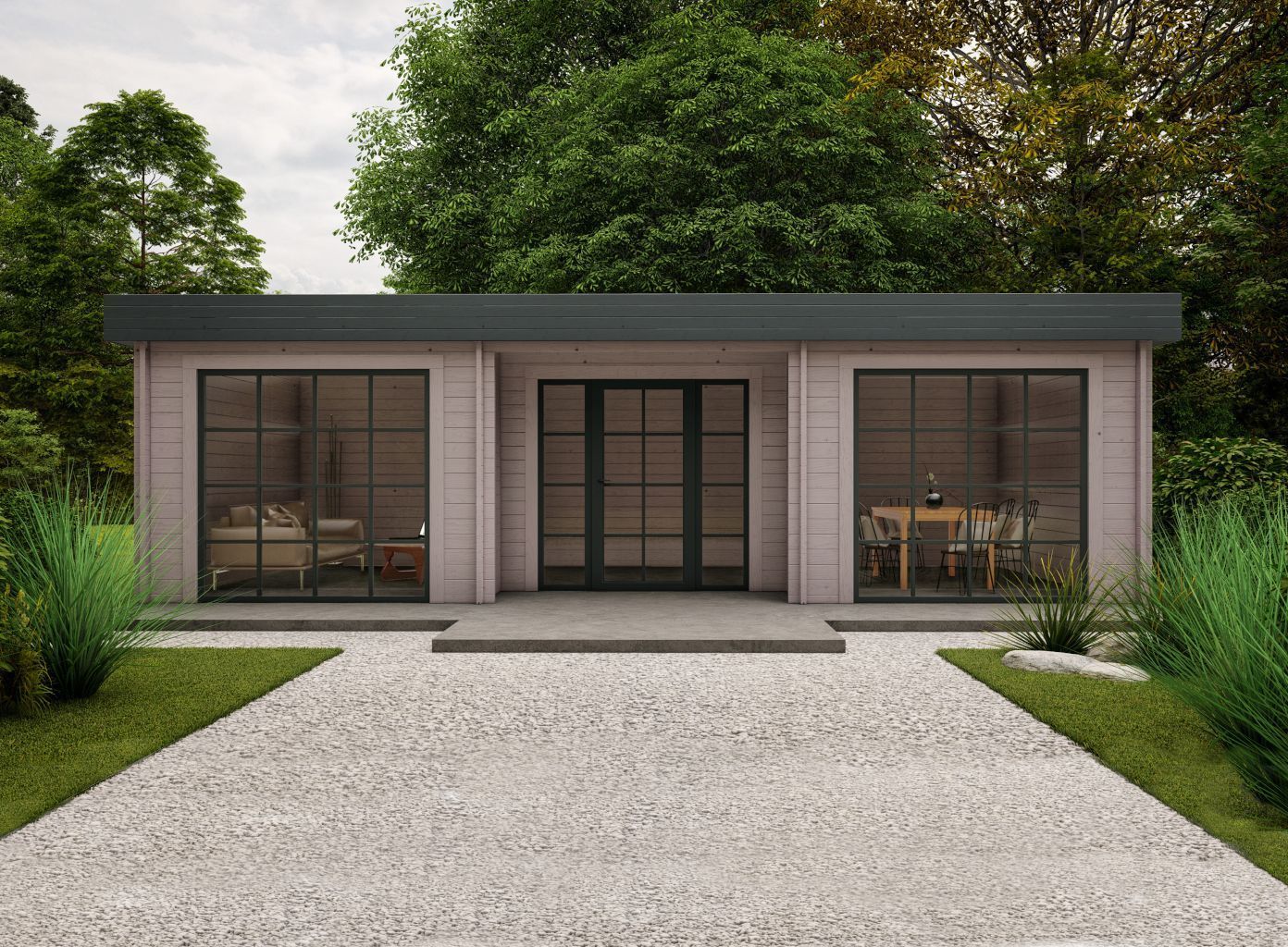 Bureau de jardin avec chemin en pavés