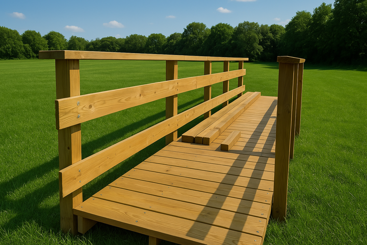 Plateforme en bois avec rambarde dans un champ herbeux sous un ciel bleu ; quelques planches supplémentaires jonchent la plateforme.