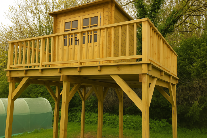 Cabane en bois perchée dans un arbre, avec une plateforme surélevée et des rambardes, installée à l'extérieur dans un espace herbeux et verdoyant.