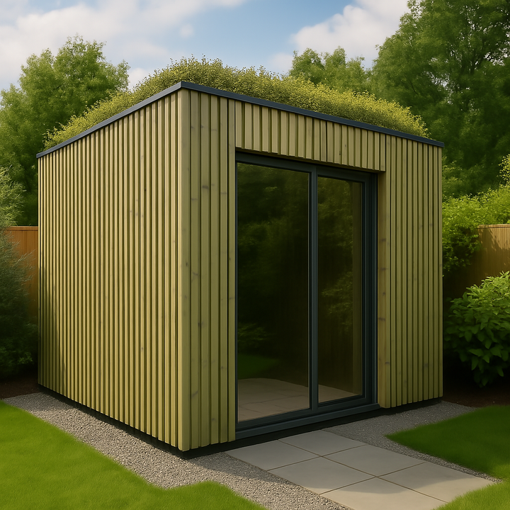 Bureau de jardin en bois avec toit végétalisé et porte coulissante en verre, entouré de pelouse et de verdure.