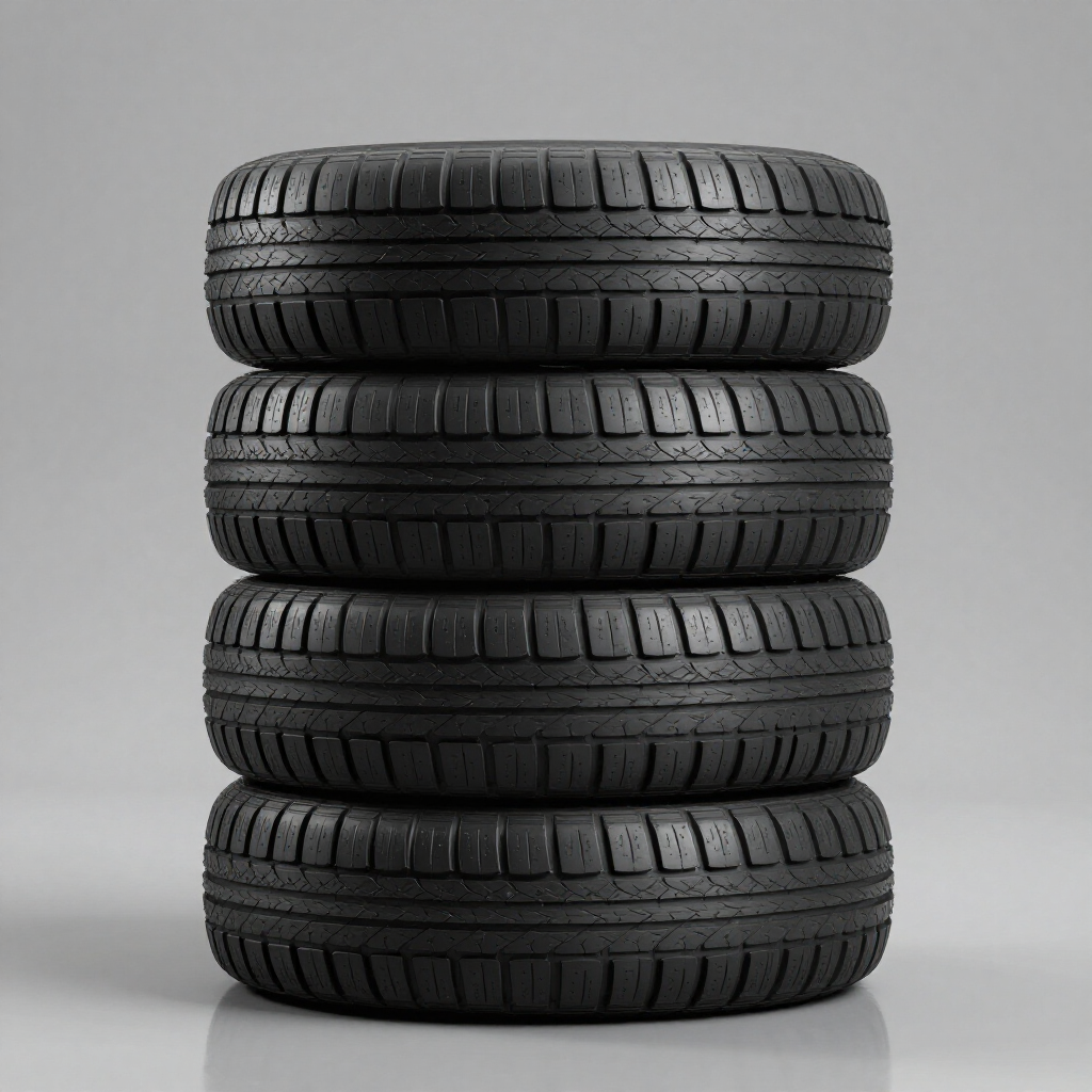 Cuatro neumáticos de coche negros apilados verticalmente sobre un fondo gris.