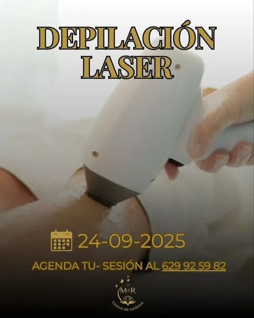 Anuncio de depilación láser: mano sosteniendo un dispositivo láser cerca de una pierna; texto y fecha.