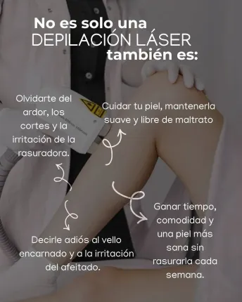 Imagen promocional: depilación láser en una pierna, enumerando beneficios como piel suave y sin irritación por la cuchilla.