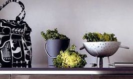 Auf einem Tisch steht eine Schüssel mit Gemüse und ein Eimer mit Kräutern .