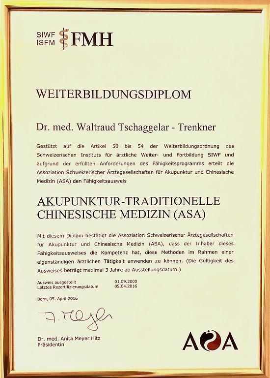 FMH Weiterbildungsdiplom Dr. med. Waldtraud Tschaggelar-Trenkner